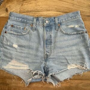 Levi’s 501 Distressed Frayed Denim Jean Shorts Blue Raw Hem Size 28 Cotton